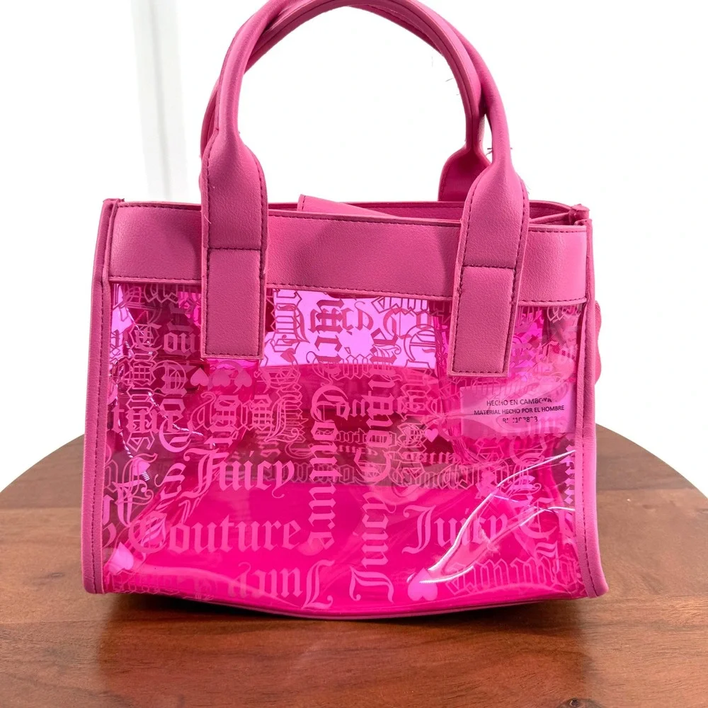 Juicy Couture Tote Bag Womens Hot Pink Clear PVC Monogram Crossbody Small Y2K